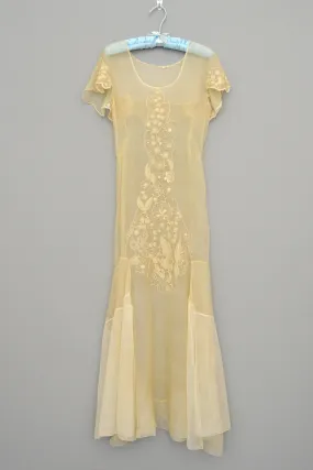 1920s 30s Deco Flapper Dress Gown | Sheer Gauzy Embroidered Organza   Netting Gown | Flapper Wedding Dress