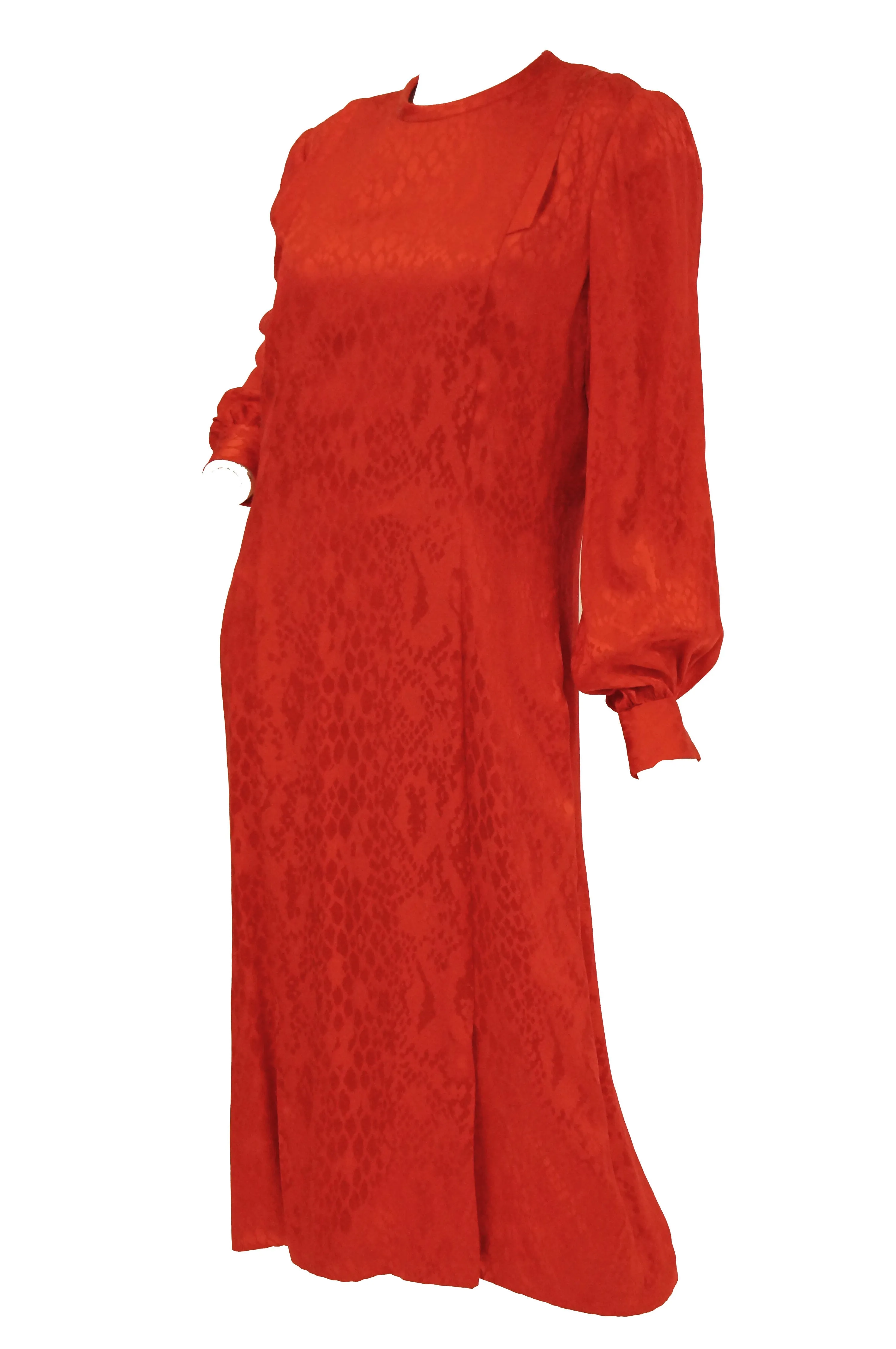 1980s Andre Laug Red Silk Snakeskin Print Dress