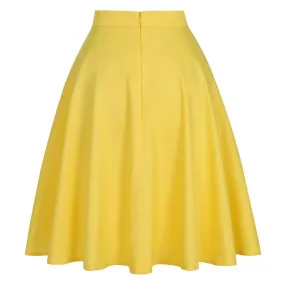 2021 Spring Summer Casual Women Midi Skirt Yellow Solid Pure Color High Waist School Retro Vintage 50s 60s Cotton Summer Skirts