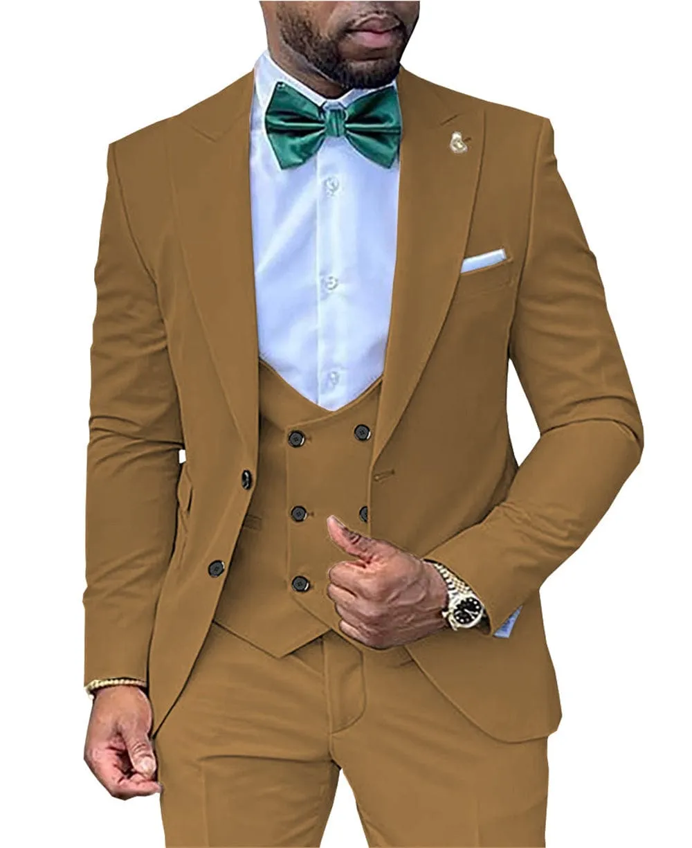 3 Pieces Business Mens Suit Regular Fit Peak Lapel Flat Blazer For Wedding (Blazer vest Pants)