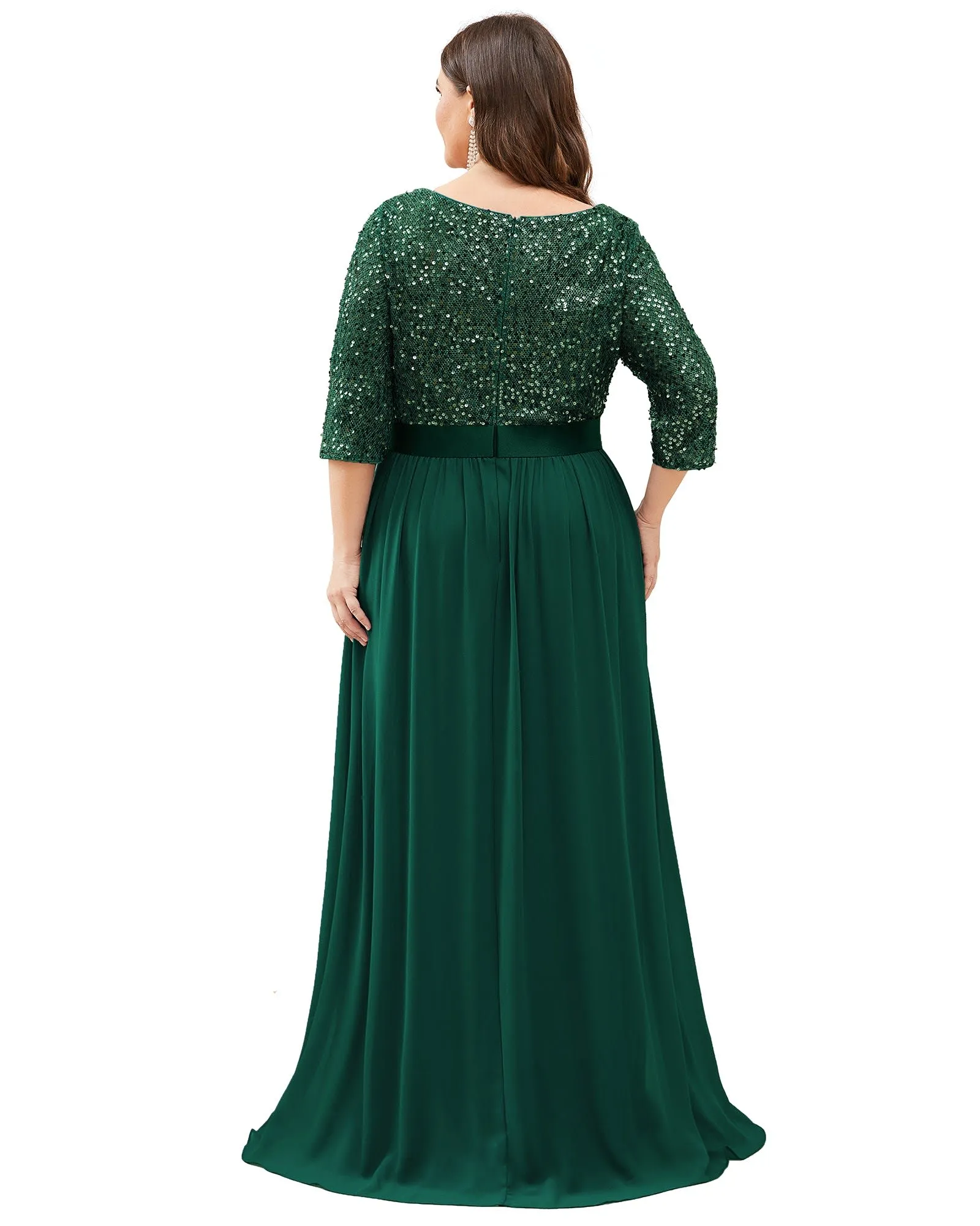 3/4 Sleeves Round Neck Evening Dress With Sequin Bodice | Dark Green