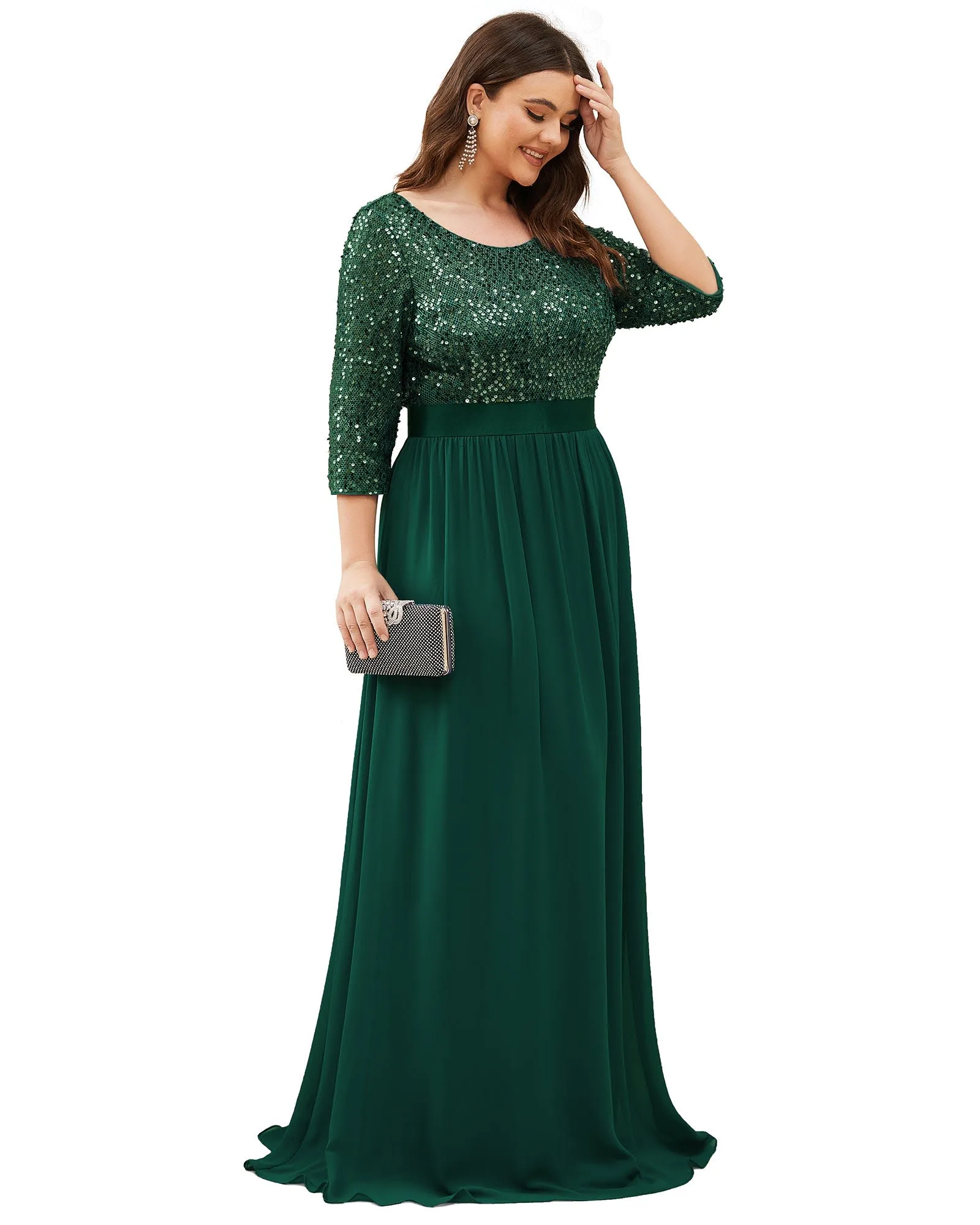 3/4 Sleeves Round Neck Evening Dress With Sequin Bodice | Dark Green