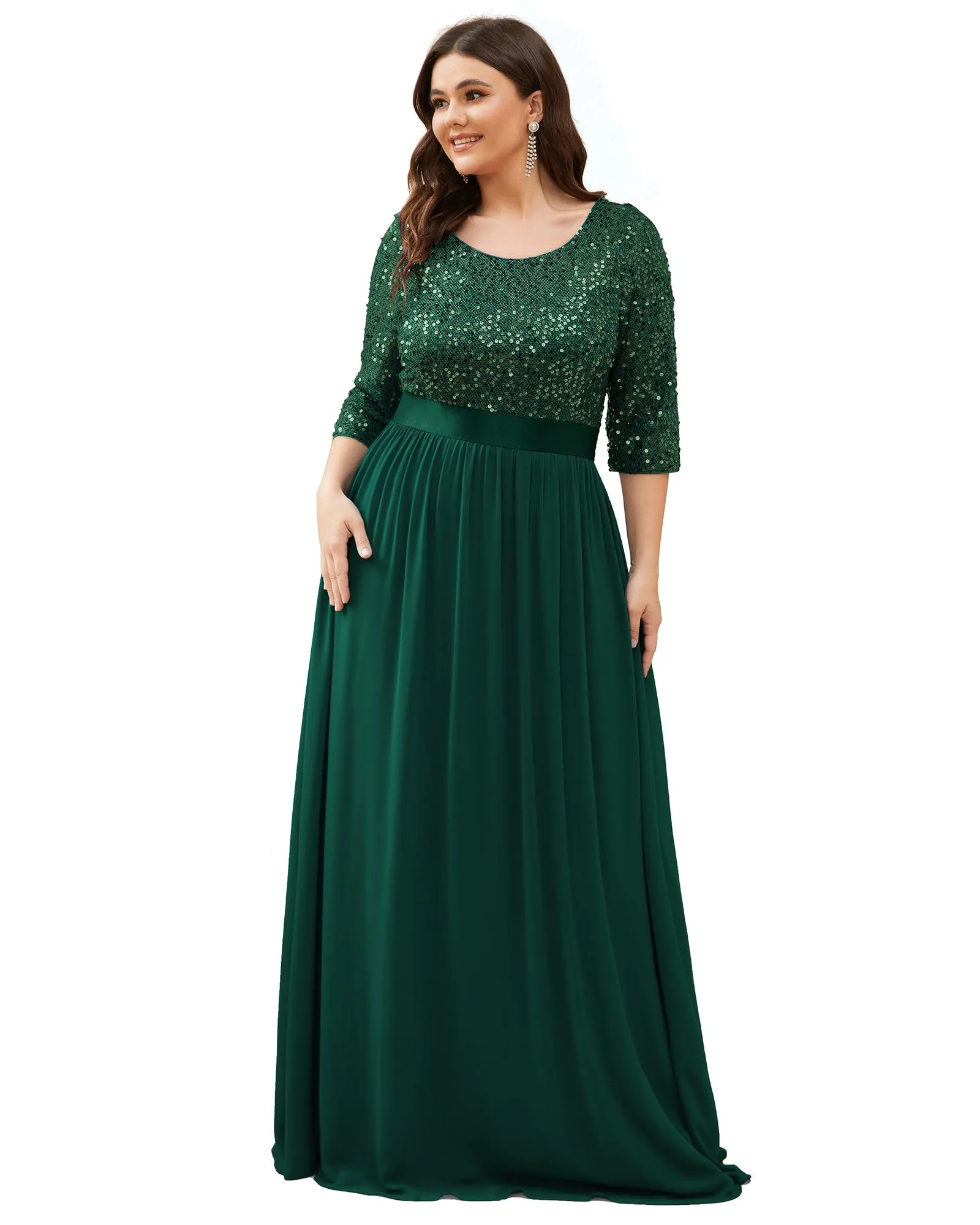 3/4 Sleeves Round Neck Evening Dress With Sequin Bodice | Dark Green