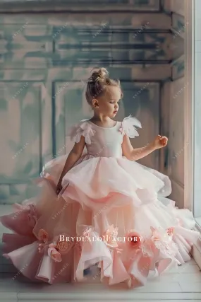 3D Flowers Two Tiered Blush Tulle Little Girl Ball Gown