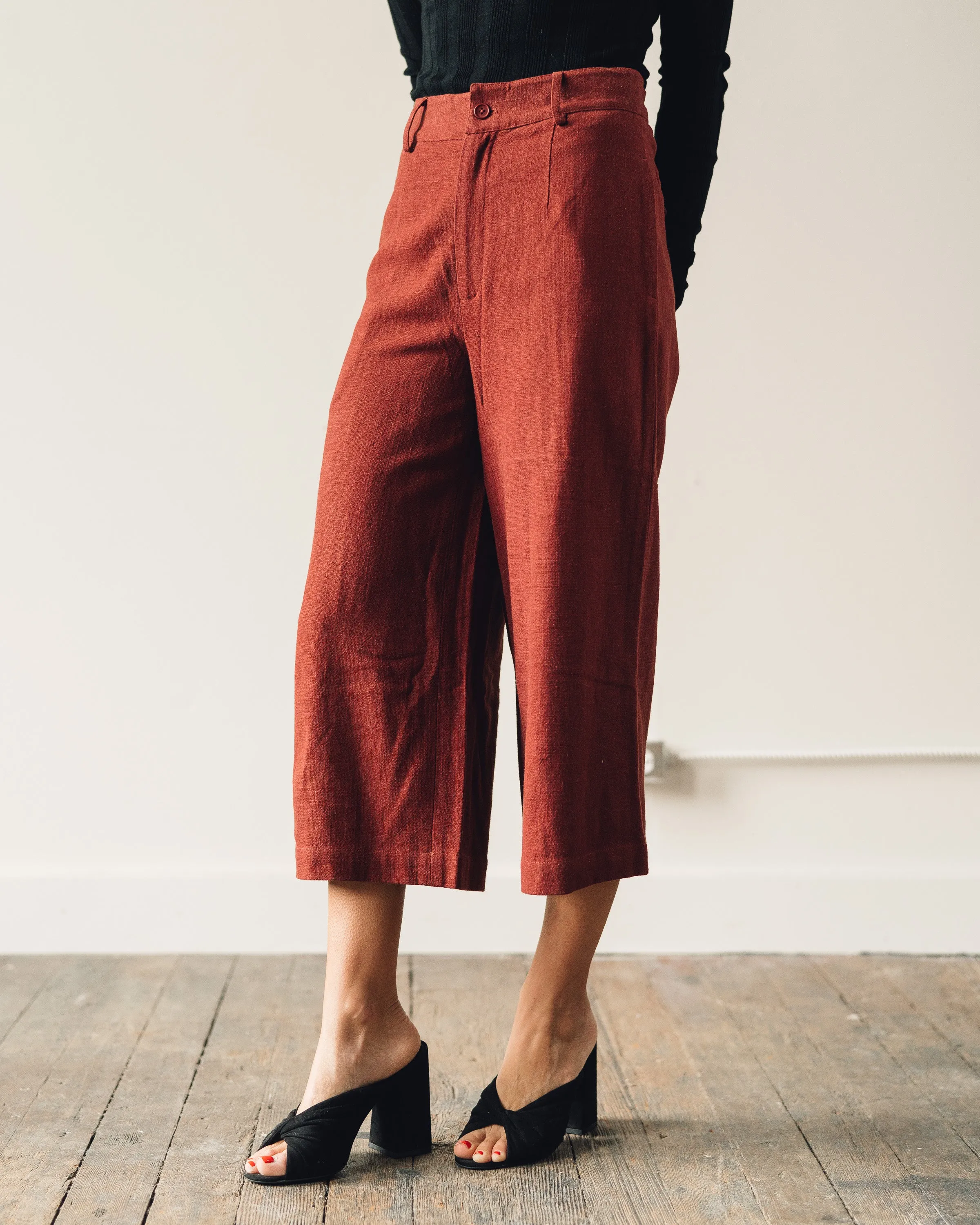 7115 Linen Wide-Legged Cropped Trouser, Rust