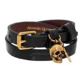 Alexander McQueen Black Croc Double Wrap Bracelet