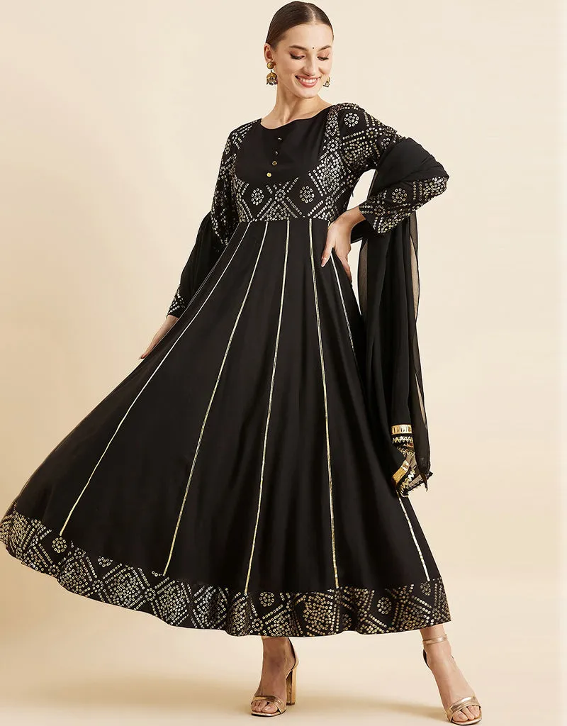 Bandhani Printed Maxi Ethnic Dress With Dupatta Black Georgette Pant Anarkali