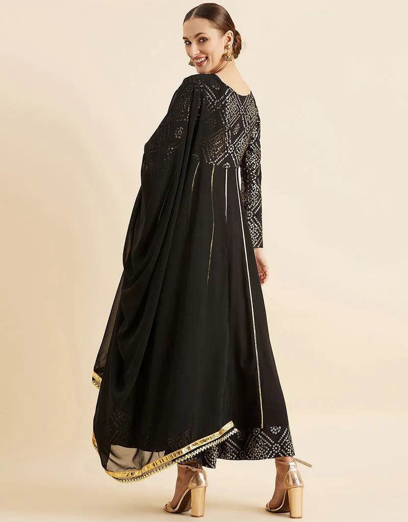 Bandhani Printed Maxi Ethnic Dress With Dupatta Black Georgette Pant Anarkali
