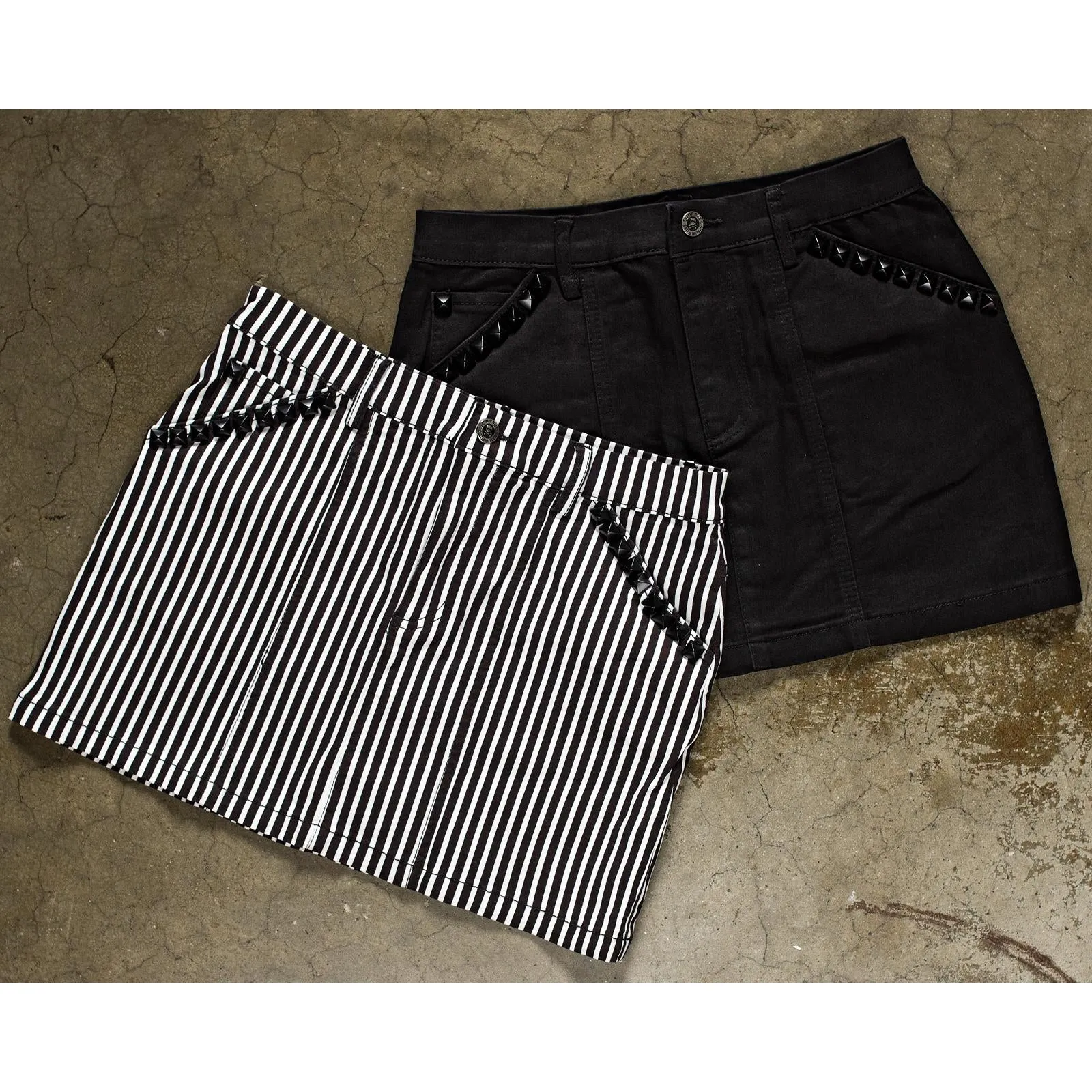Black And White Striped Studded Mini Skirt