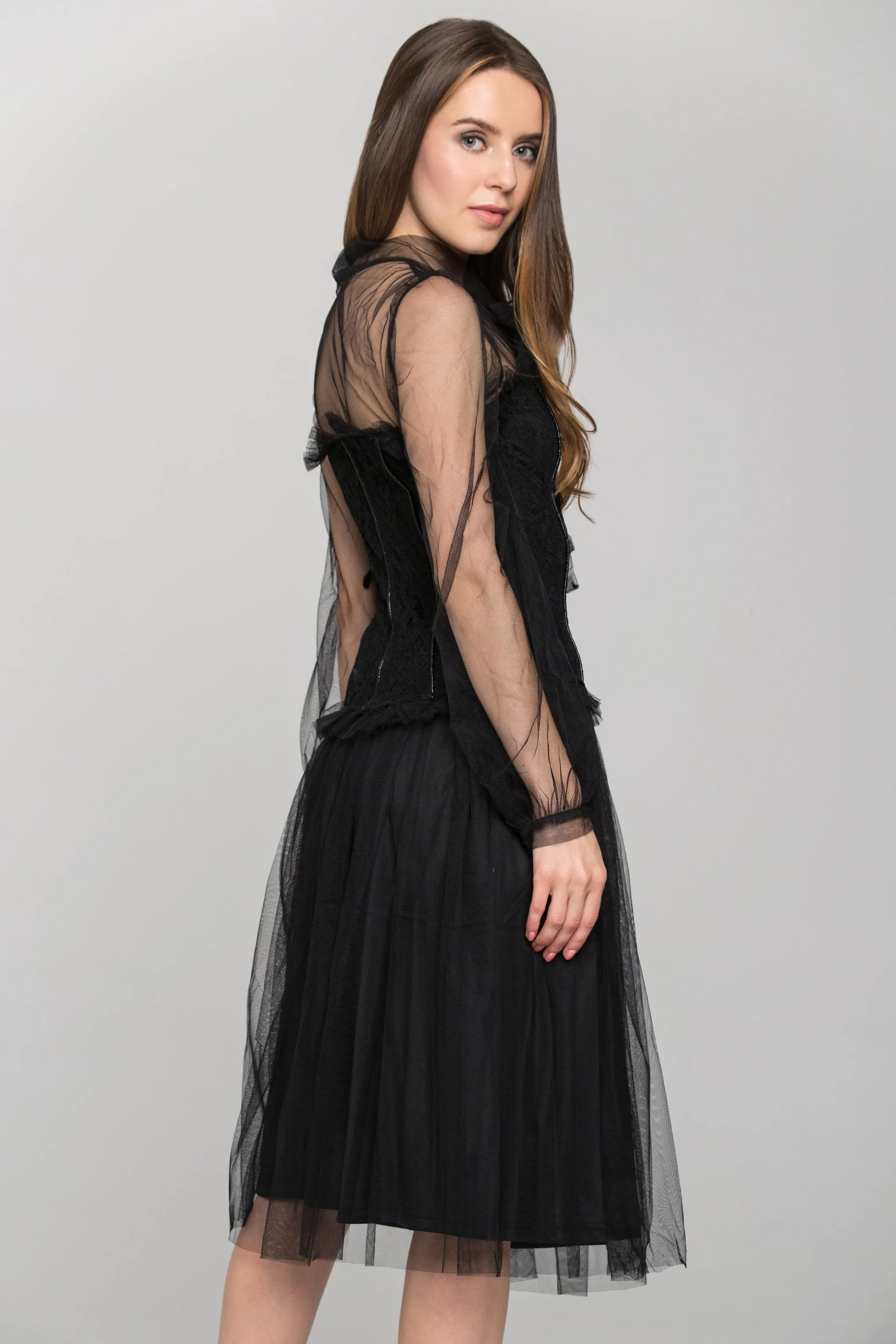 Black Burlesque Soft Tulle Two Piece Midi Dress