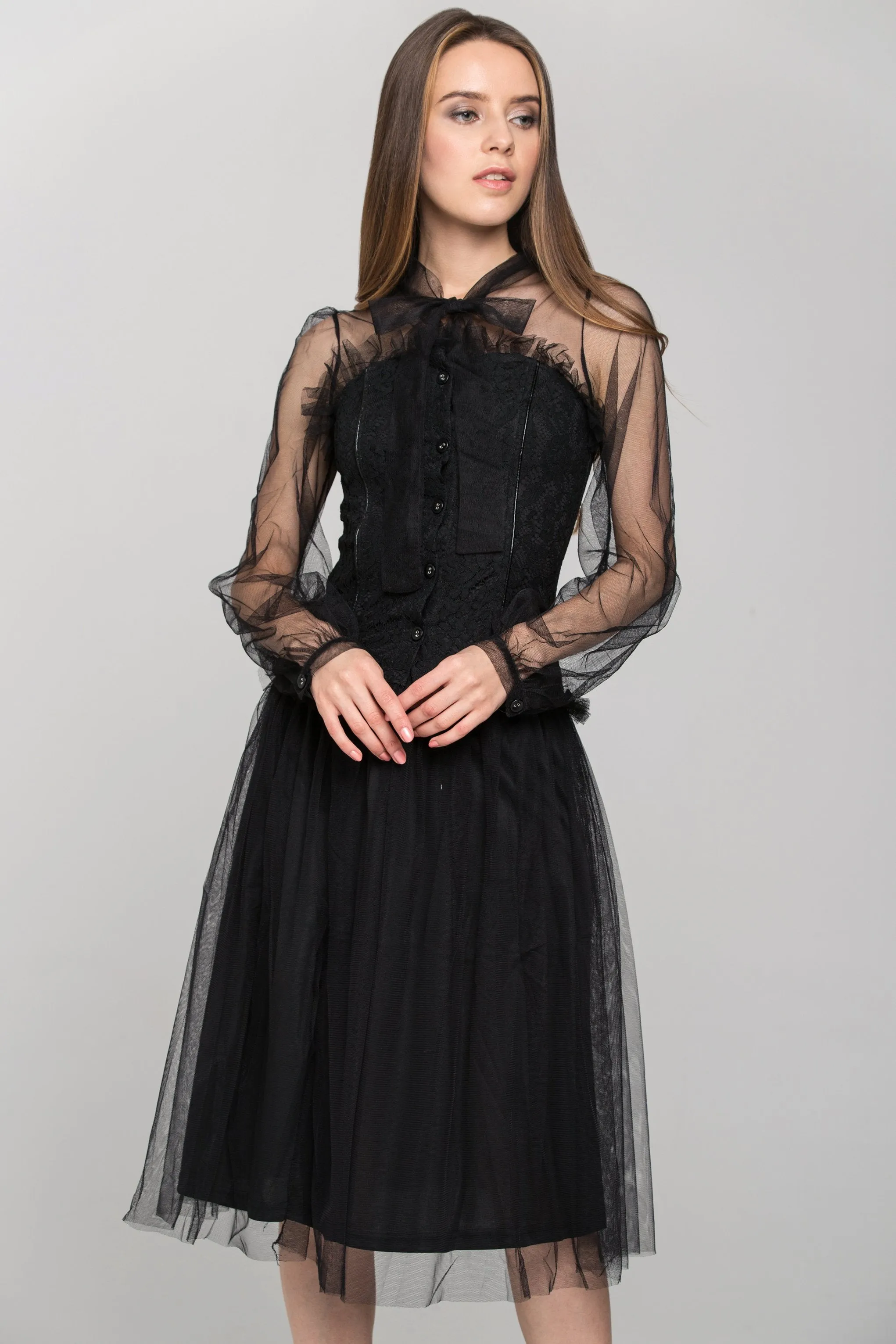 Black Burlesque Soft Tulle Two Piece Midi Dress