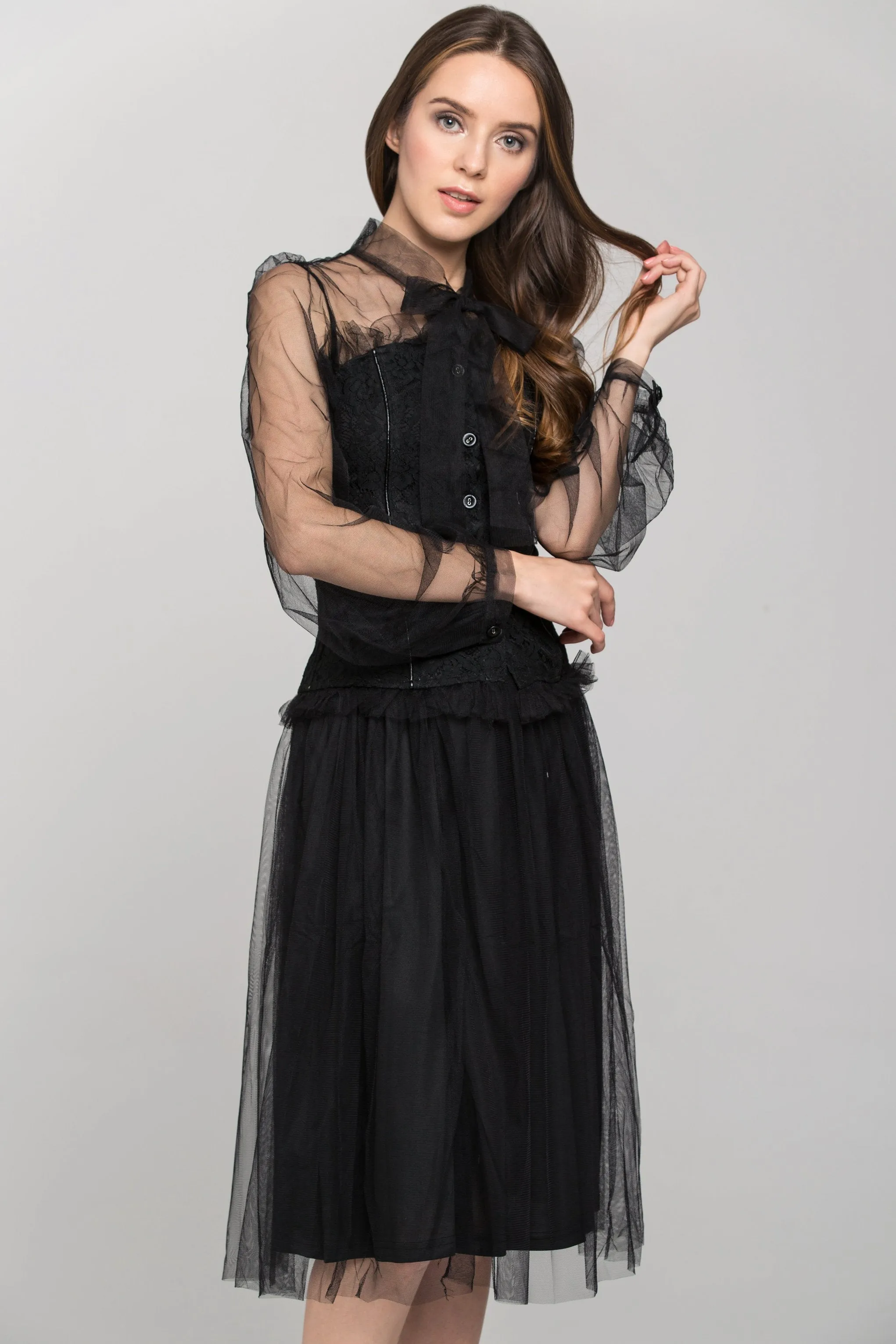 Black Burlesque Soft Tulle Two Piece Midi Dress