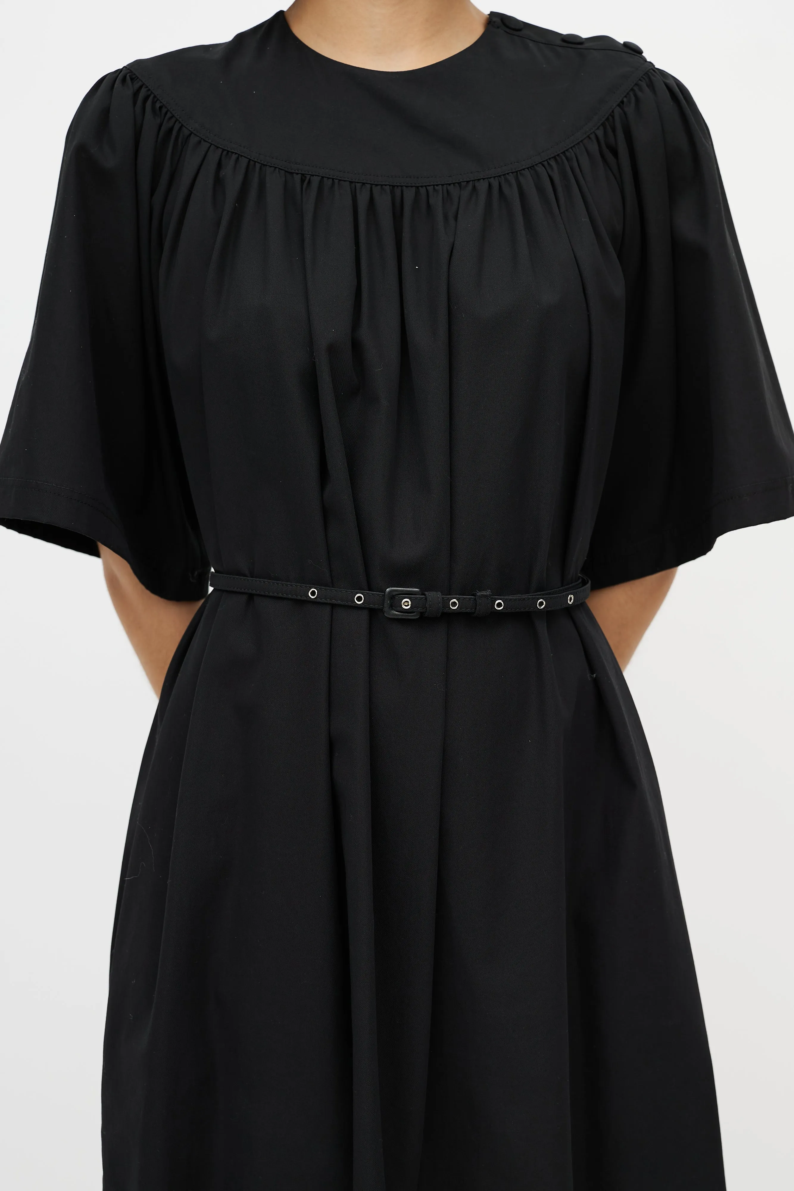 Black Cotton Belted Shift Dress