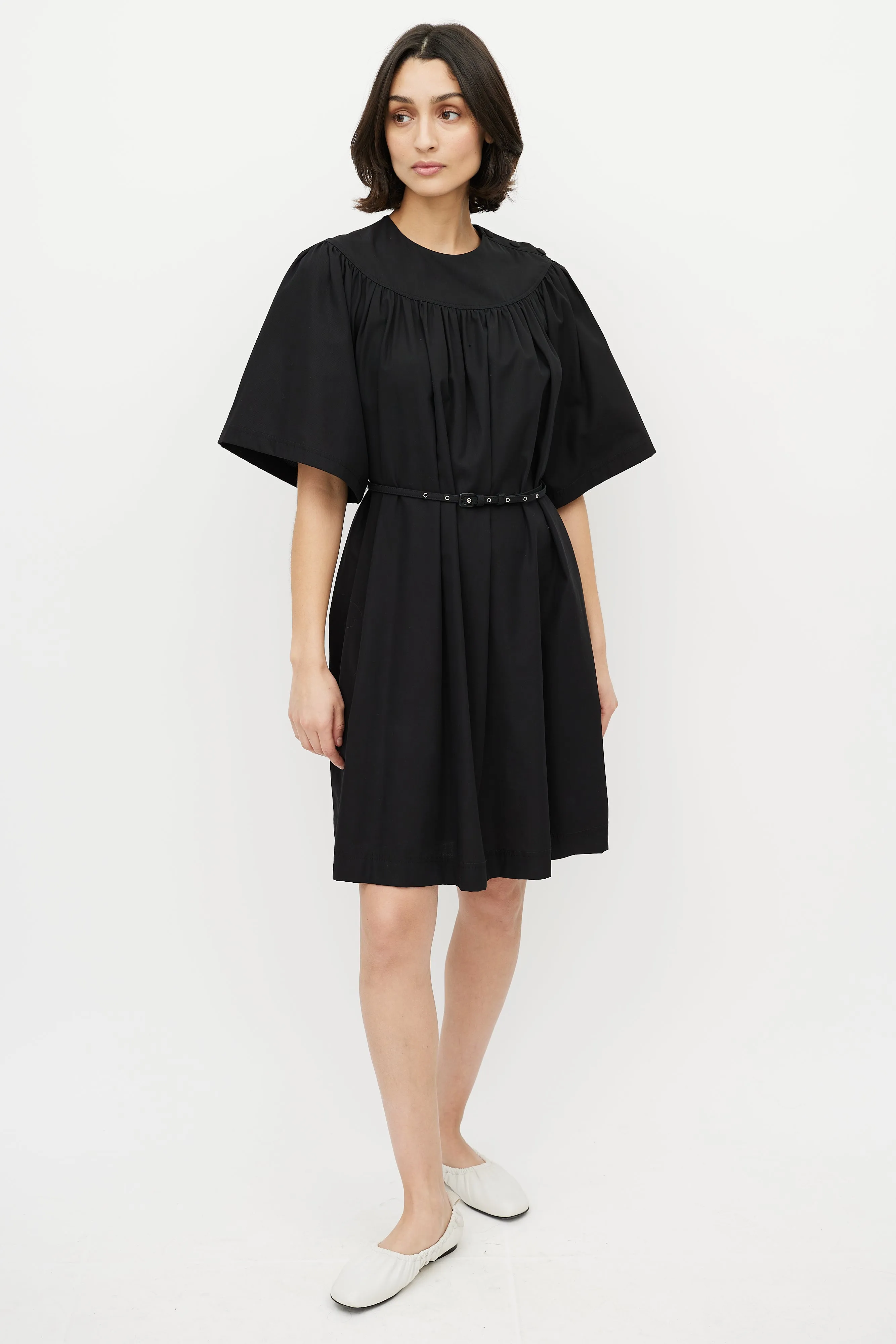 Black Cotton Belted Shift Dress