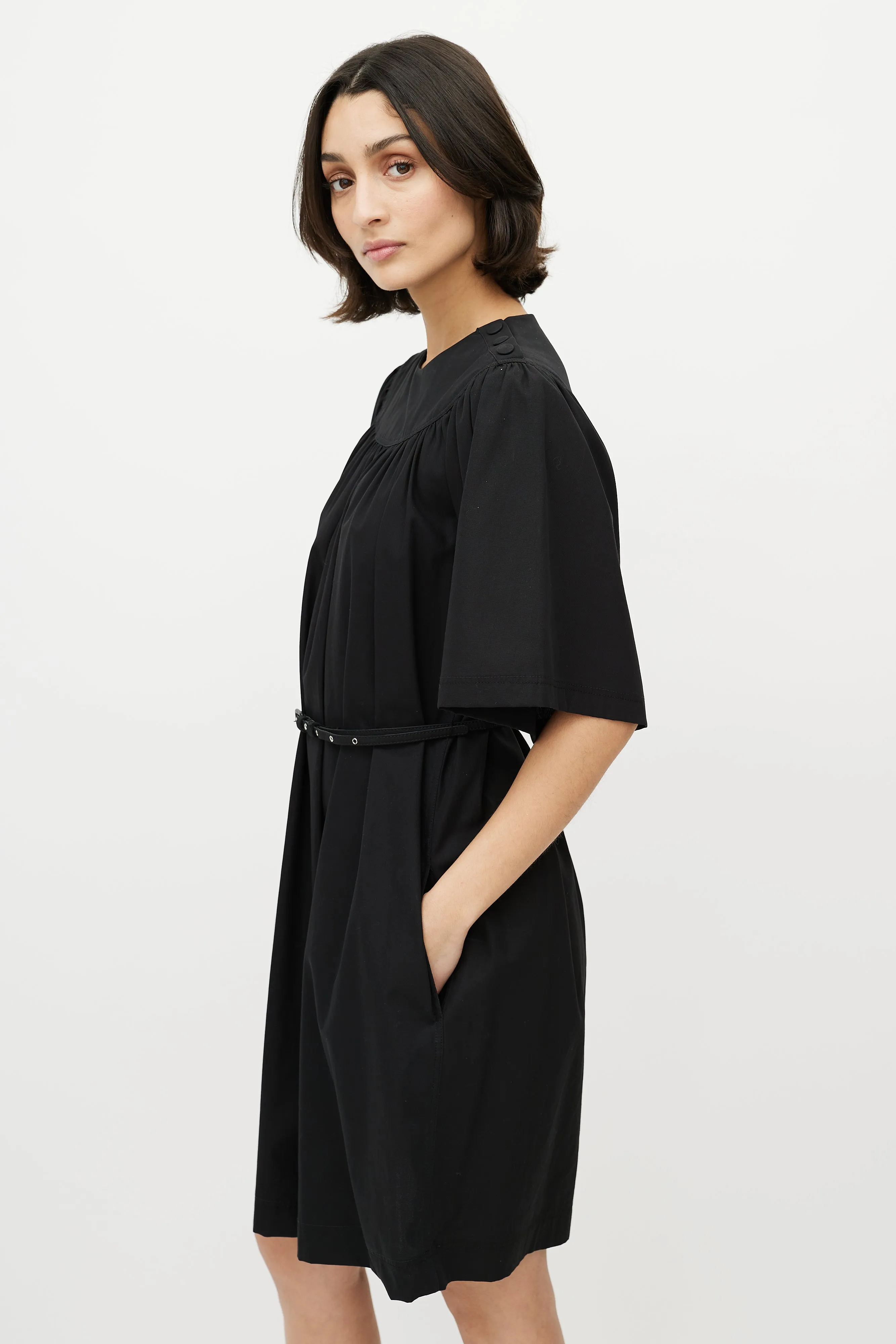 Black Cotton Belted Shift Dress
