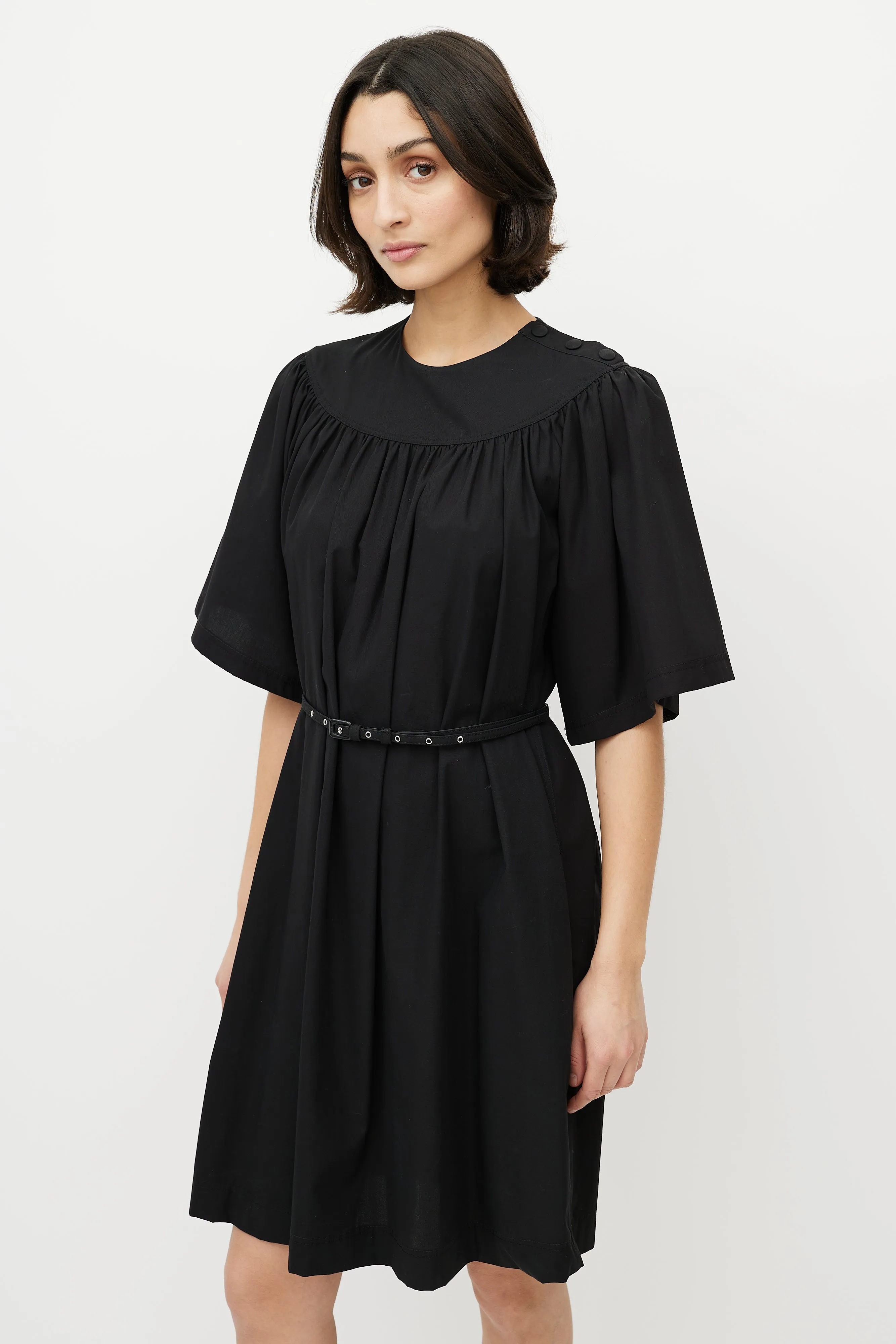 Black Cotton Belted Shift Dress