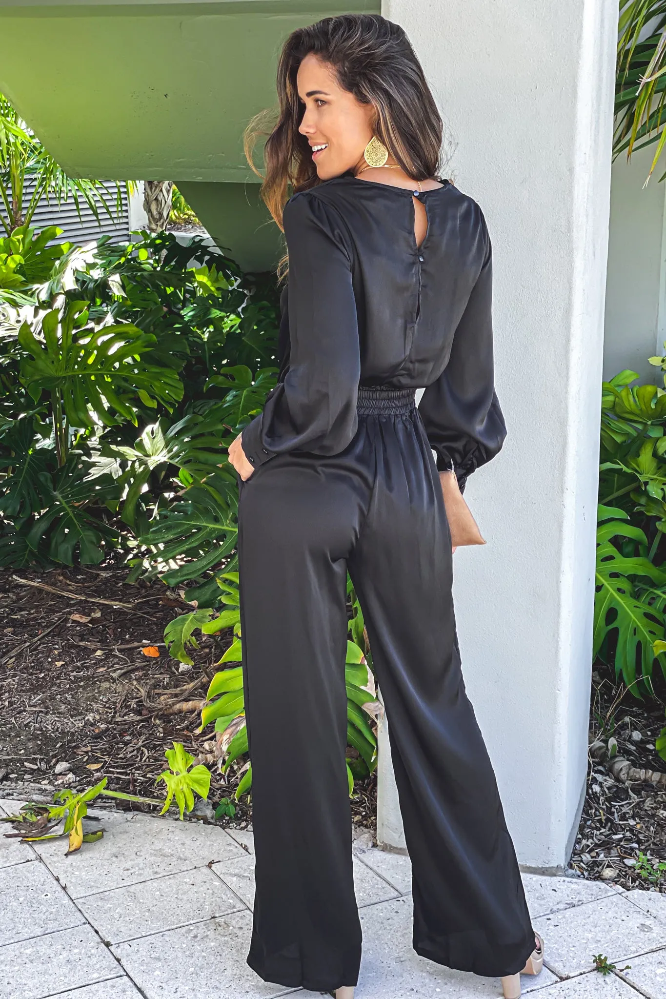 Black Satin Jumpsuit With Puff Sleeves