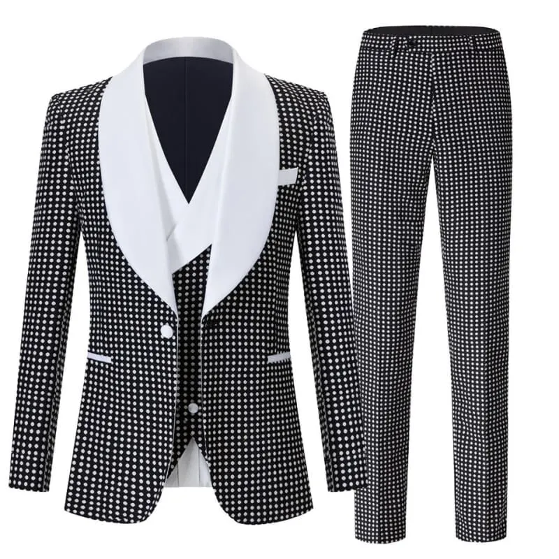 Black Shawl Lapel Three Pieces Wedding Suits With White Dot One Button Slim Fit Tuxedo for Men