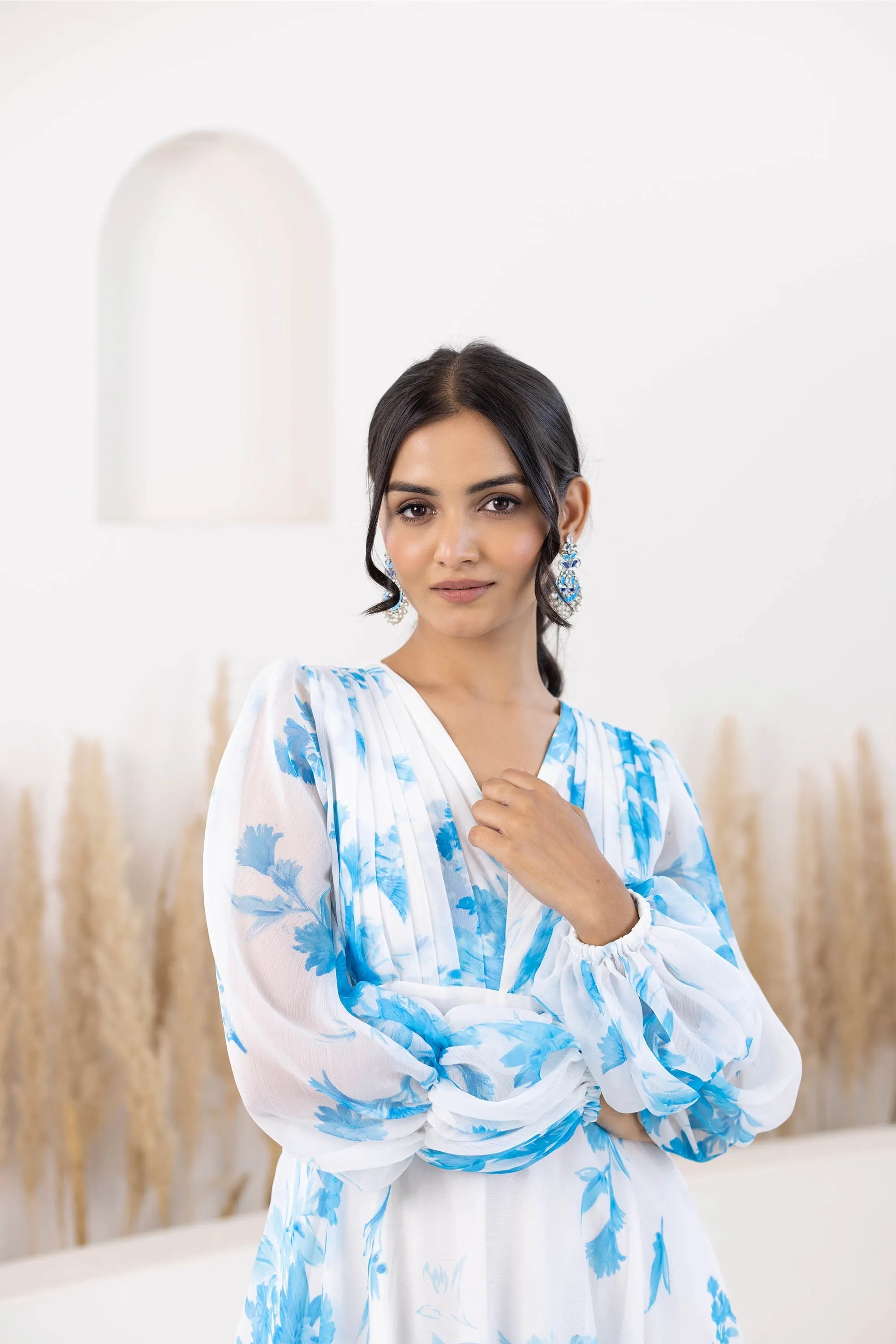 Blue & White Printed Gown Dress For Women By Saras The Label- (1Pc Dress)