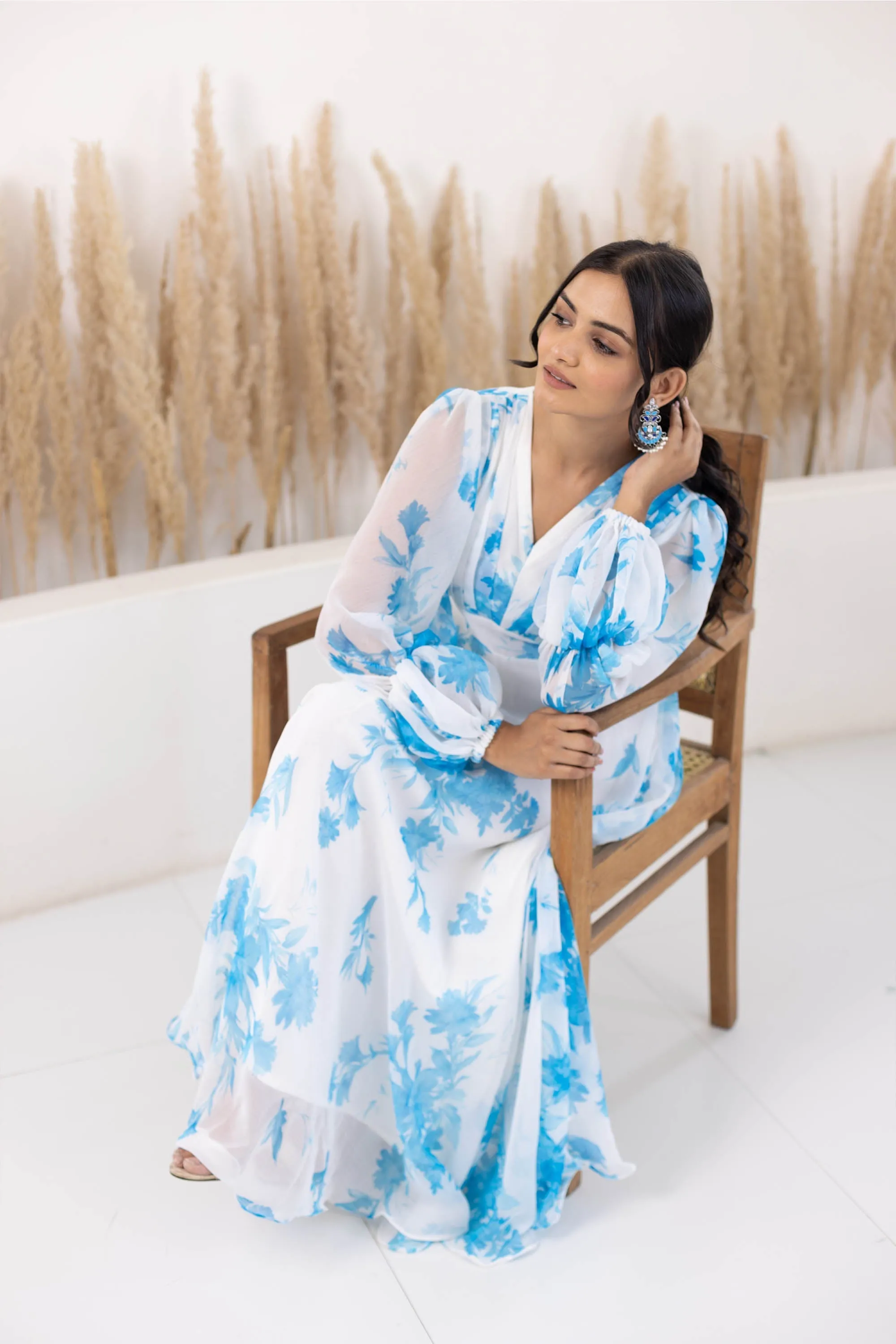 Blue & White Printed Gown Dress For Women By Saras The Label- (1Pc Dress)