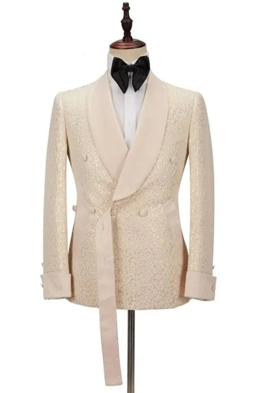 Champagne Shawl Lapel Double Breasted Wedding Suits Two Piece Tuxedo with Lace Up