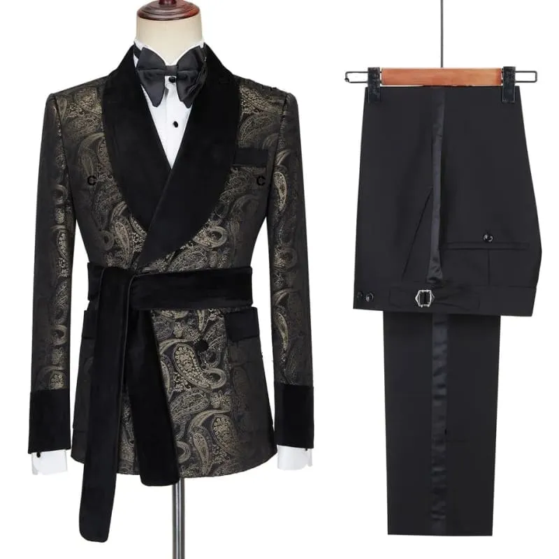 Charminng Black Velvet Shawl Lapel Jacquard Wedding Suits Double Breasted Two Pieces Blazer Party Singer Groom Costume Made