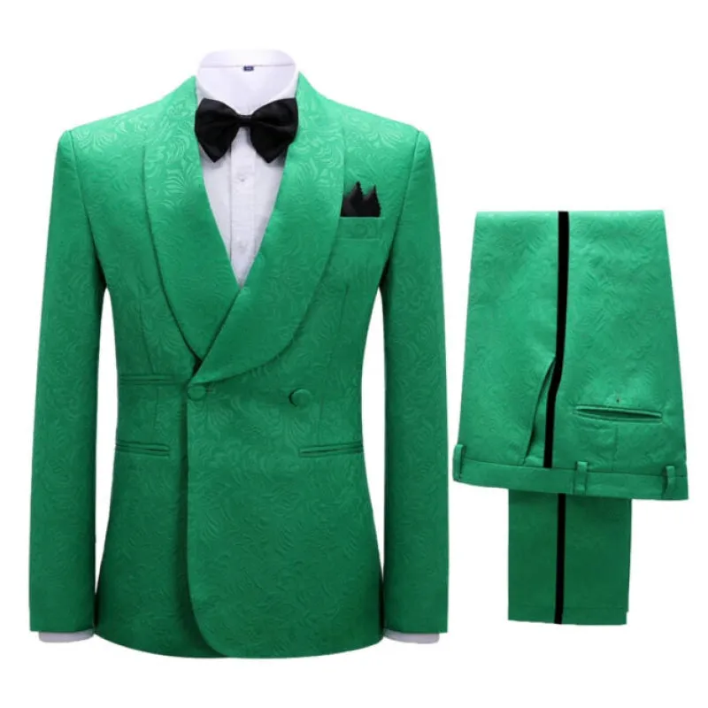 Classic Green Jacquard Double Breasted Wedding Suits Shawl Lapel Wedding Groom Prom Tuxedo