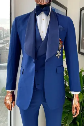 Classic Navy Blue Three Pieces Wedding Suits Shawl Lapel One Button Formal Business Suit Wedding Groom Prom