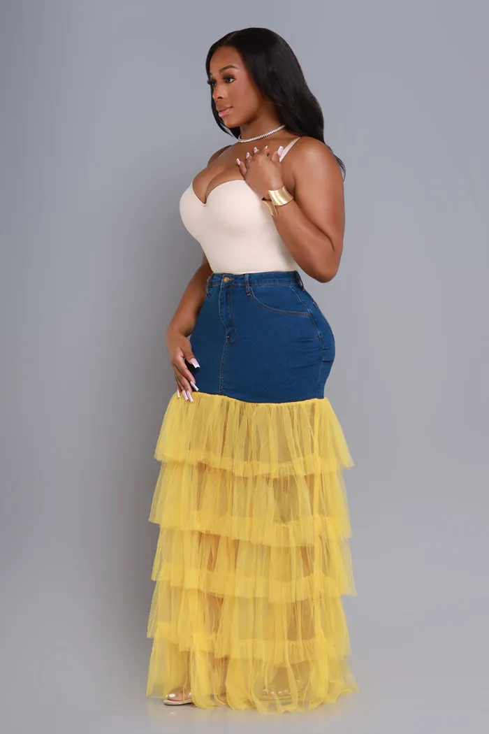 Deny Me This Ruffled Denim Maxi Skirt - Dark Wash/Yellow