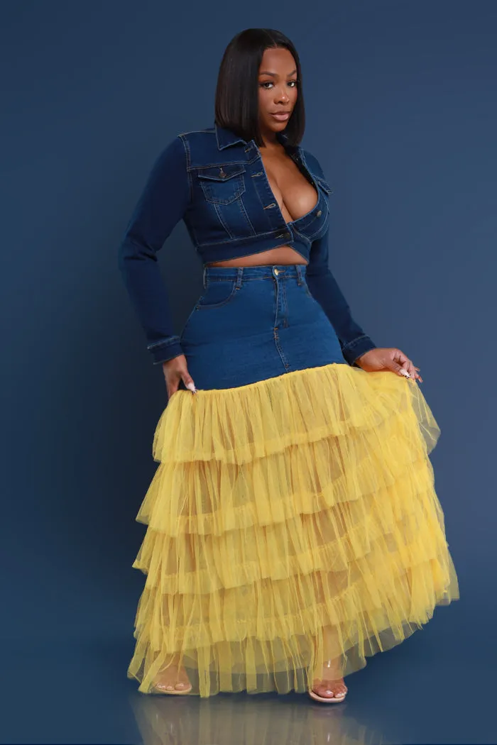 Deny Me This Ruffled Denim Maxi Skirt - Dark Wash/Yellow