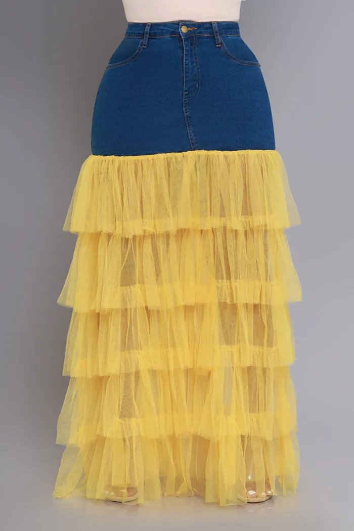 Deny Me This Ruffled Denim Maxi Skirt - Dark Wash/Yellow