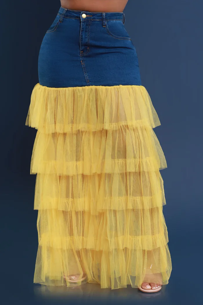 Deny Me This Ruffled Denim Maxi Skirt - Dark Wash/Yellow