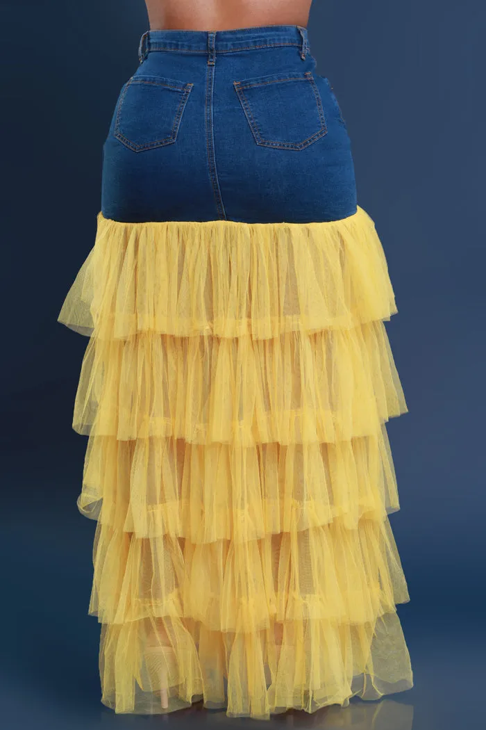 Deny Me This Ruffled Denim Maxi Skirt - Dark Wash/Yellow