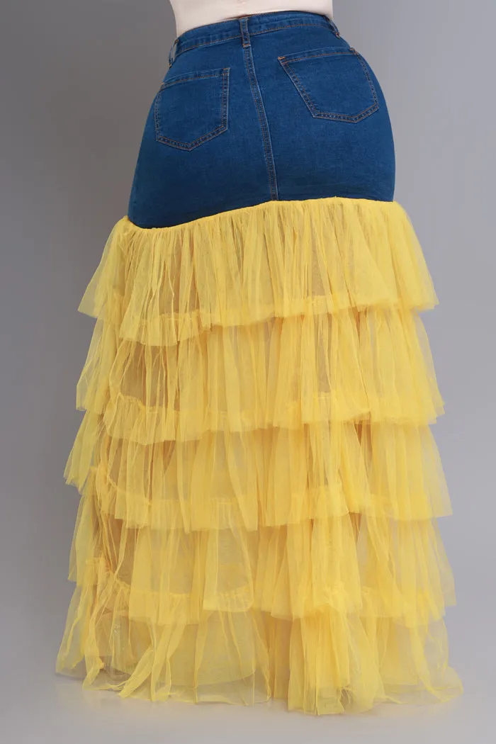 Deny Me This Ruffled Denim Maxi Skirt - Dark Wash/Yellow