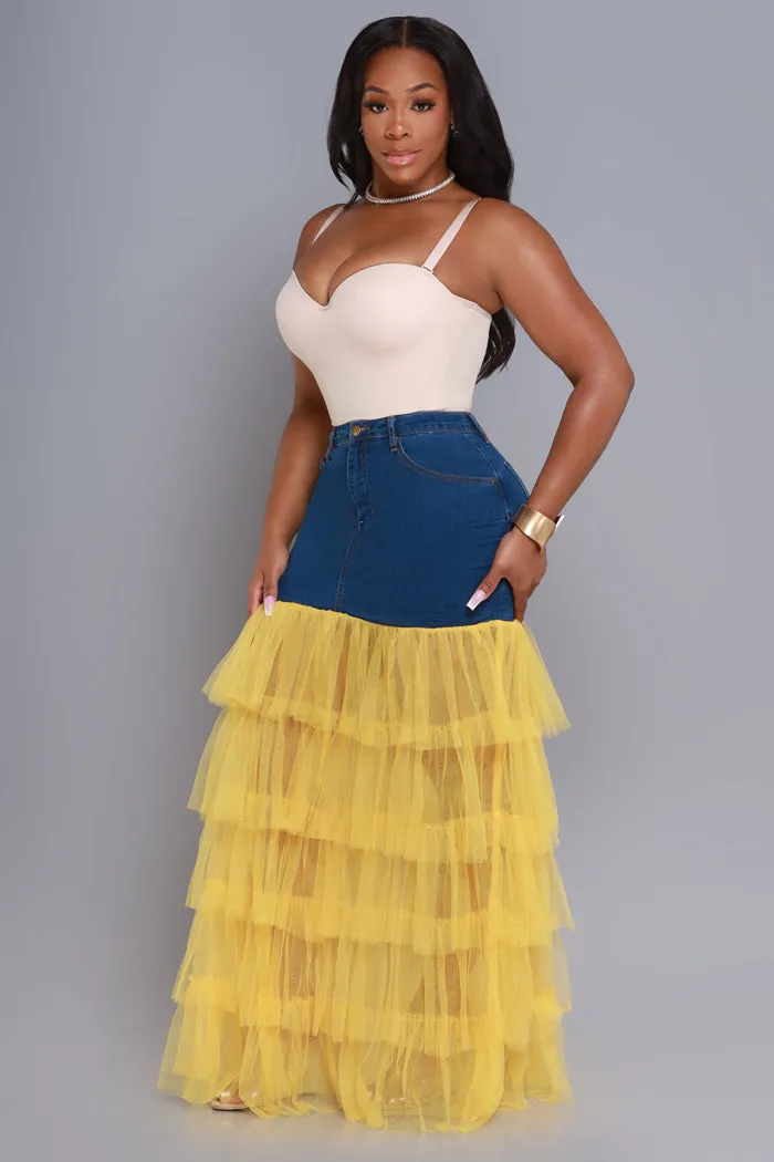 Deny Me This Ruffled Denim Maxi Skirt - Dark Wash/Yellow
