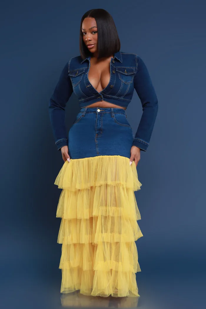 Deny Me This Ruffled Denim Maxi Skirt - Dark Wash/Yellow