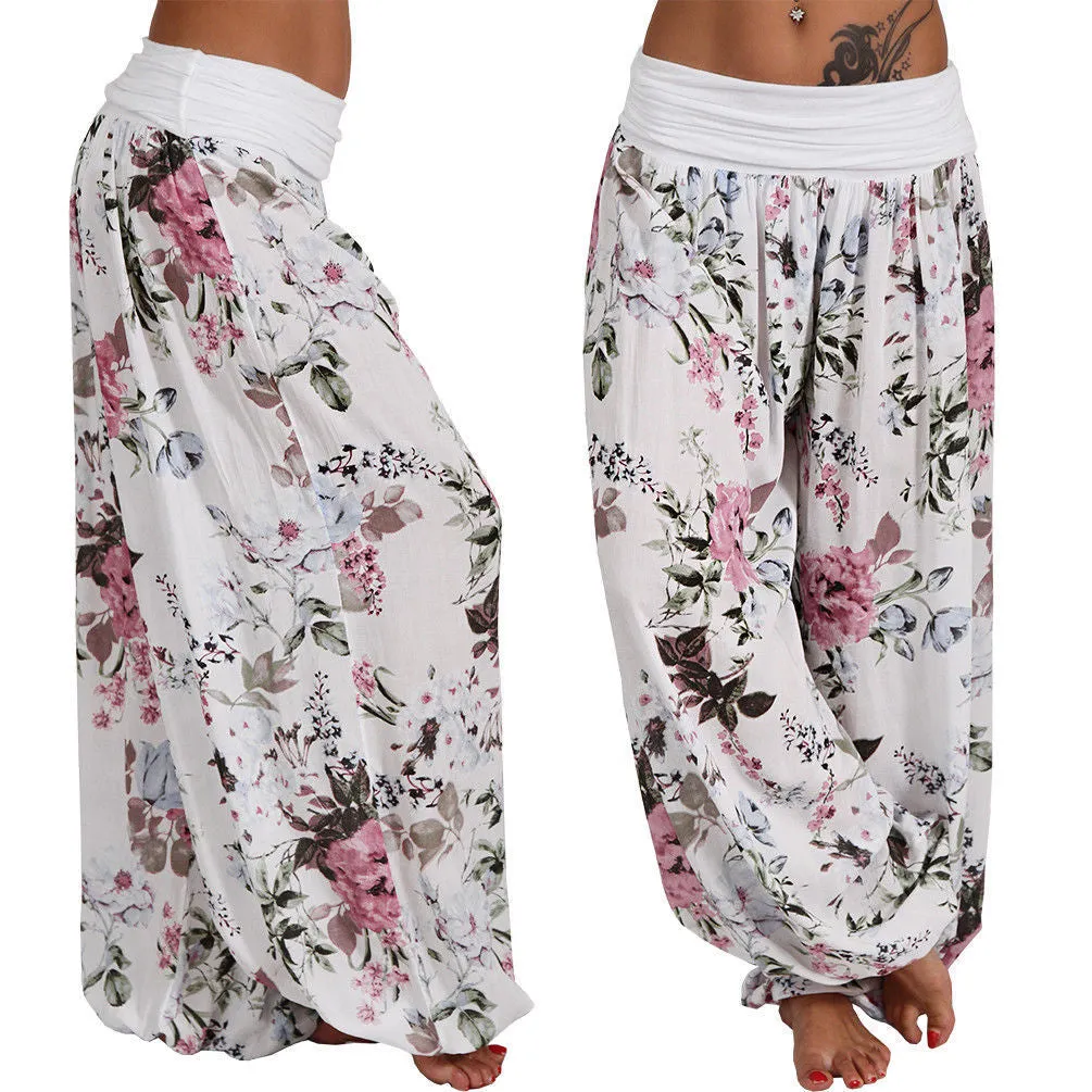 Digital print long wide leg slacks harem