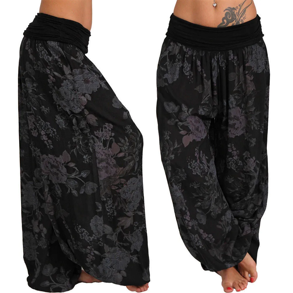 Digital print long wide leg slacks harem