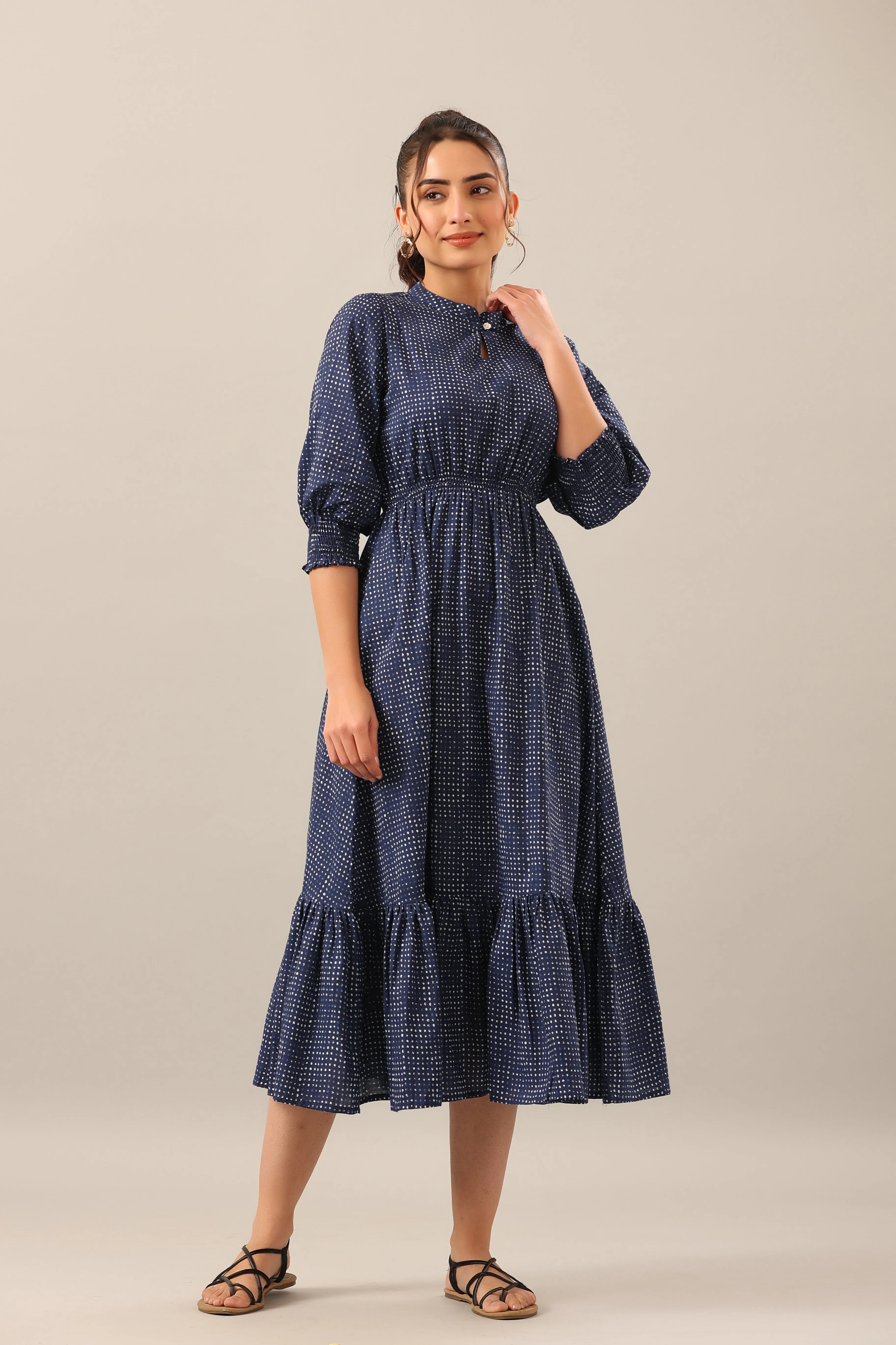 Dotted Polka on Blue cotton MIDI Dress