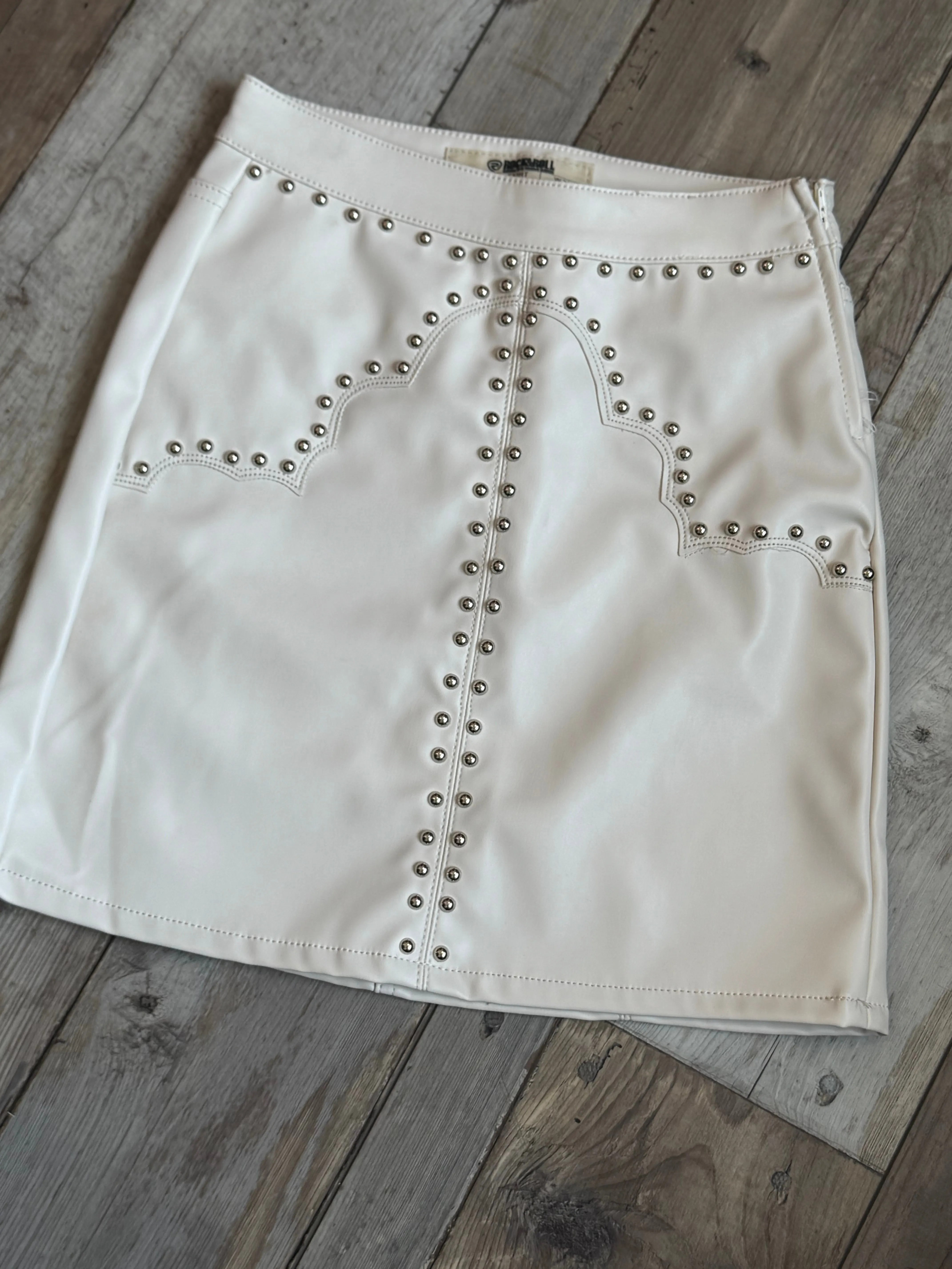 Faux Leather & Studded Mini Skirt- Ivory