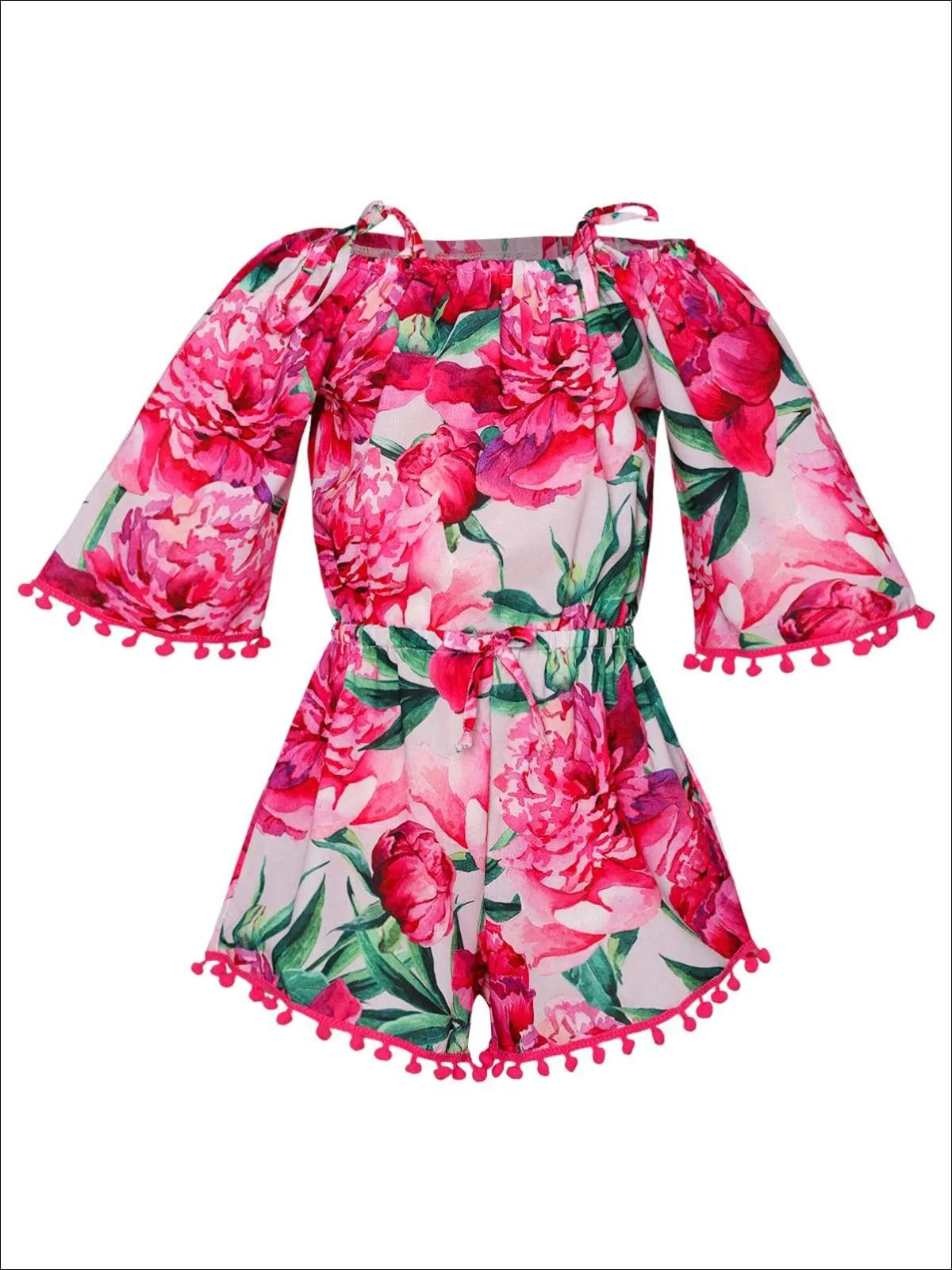 Girls 3/4 Sleeve Trimmed Off the Shoulder Elastic Waist Romper