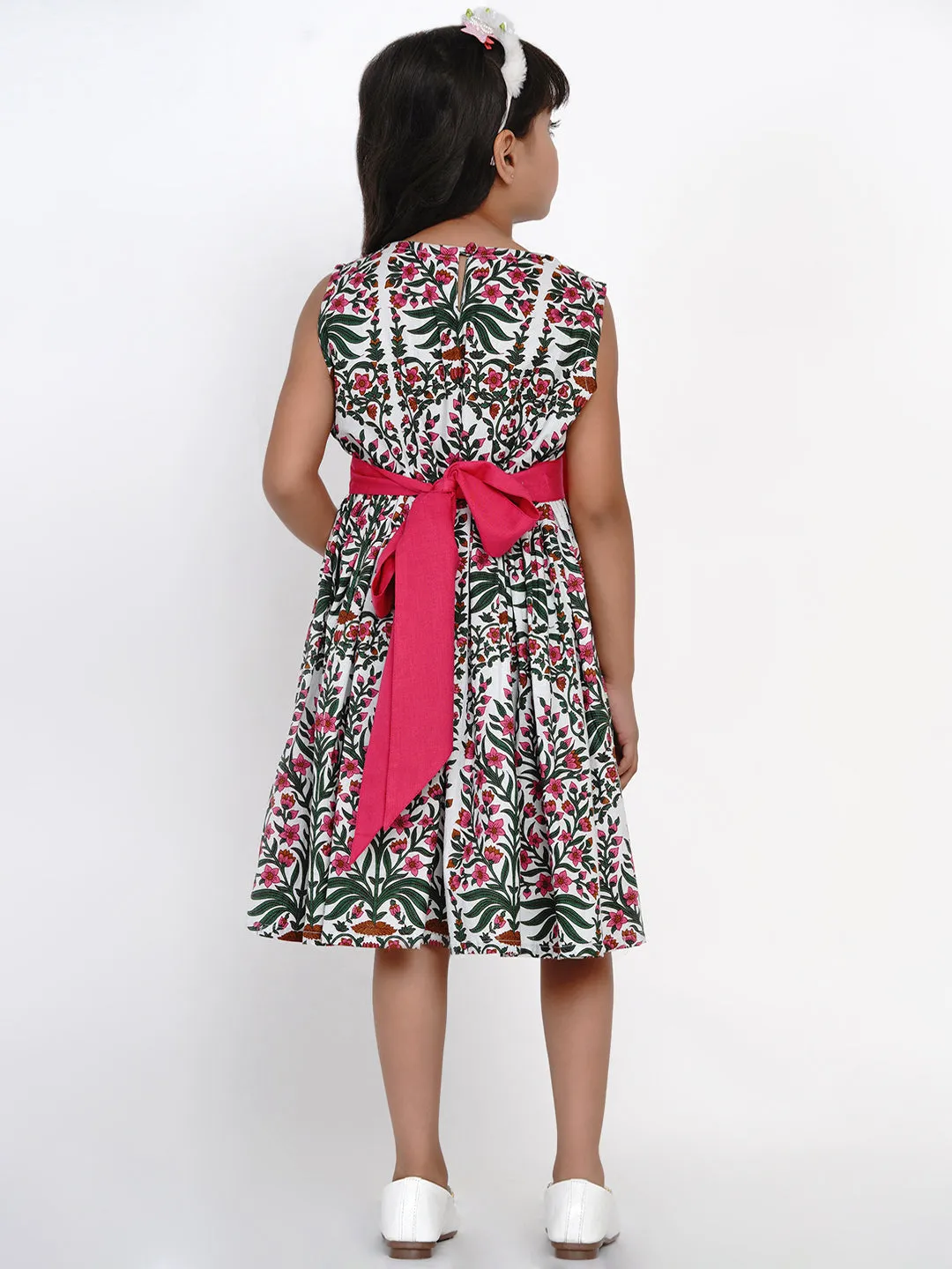 Girl's White & Pink Printed Fit And Flare Dress - Bitiya By Bhama
