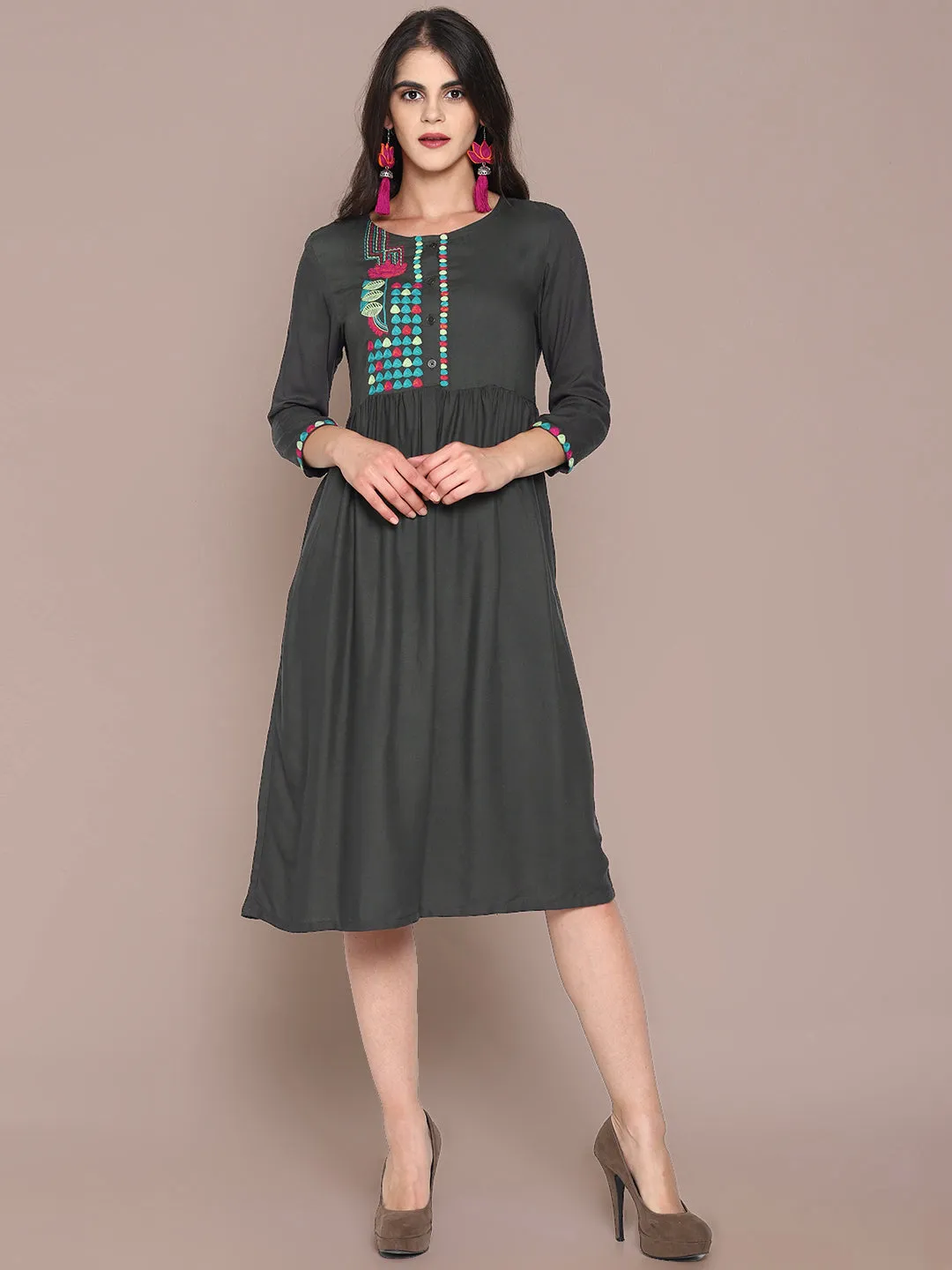 Grey Embroidered Front Open Dress