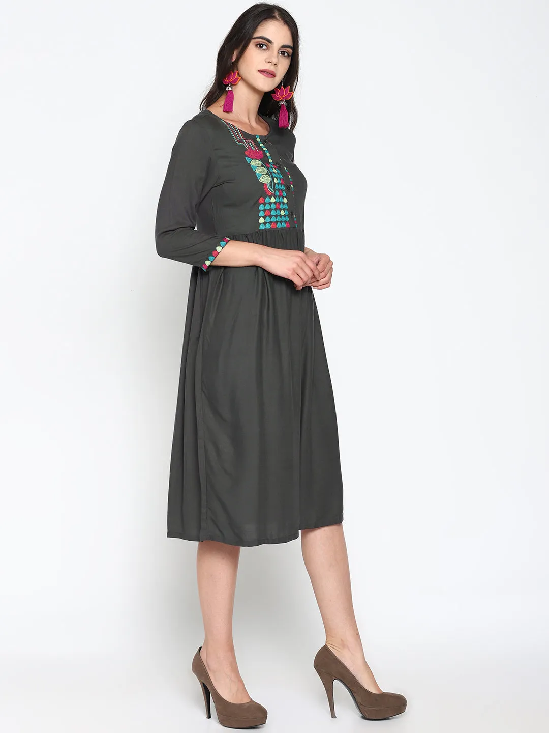 Grey Embroidered Front Open Dress