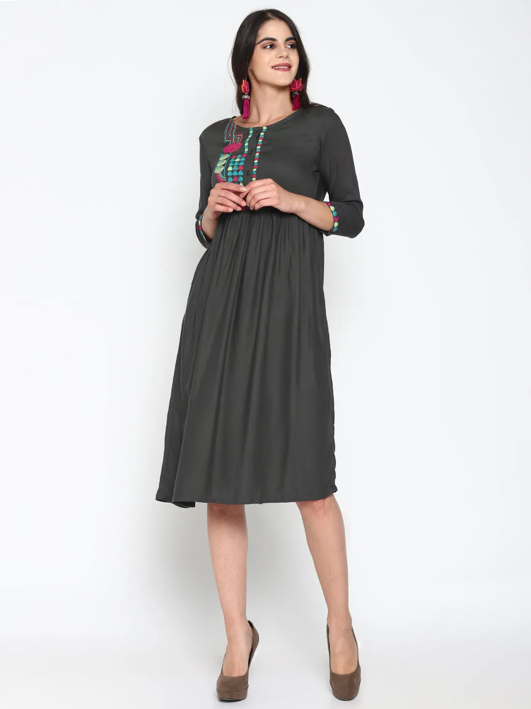 Grey Embroidered Front Open Dress