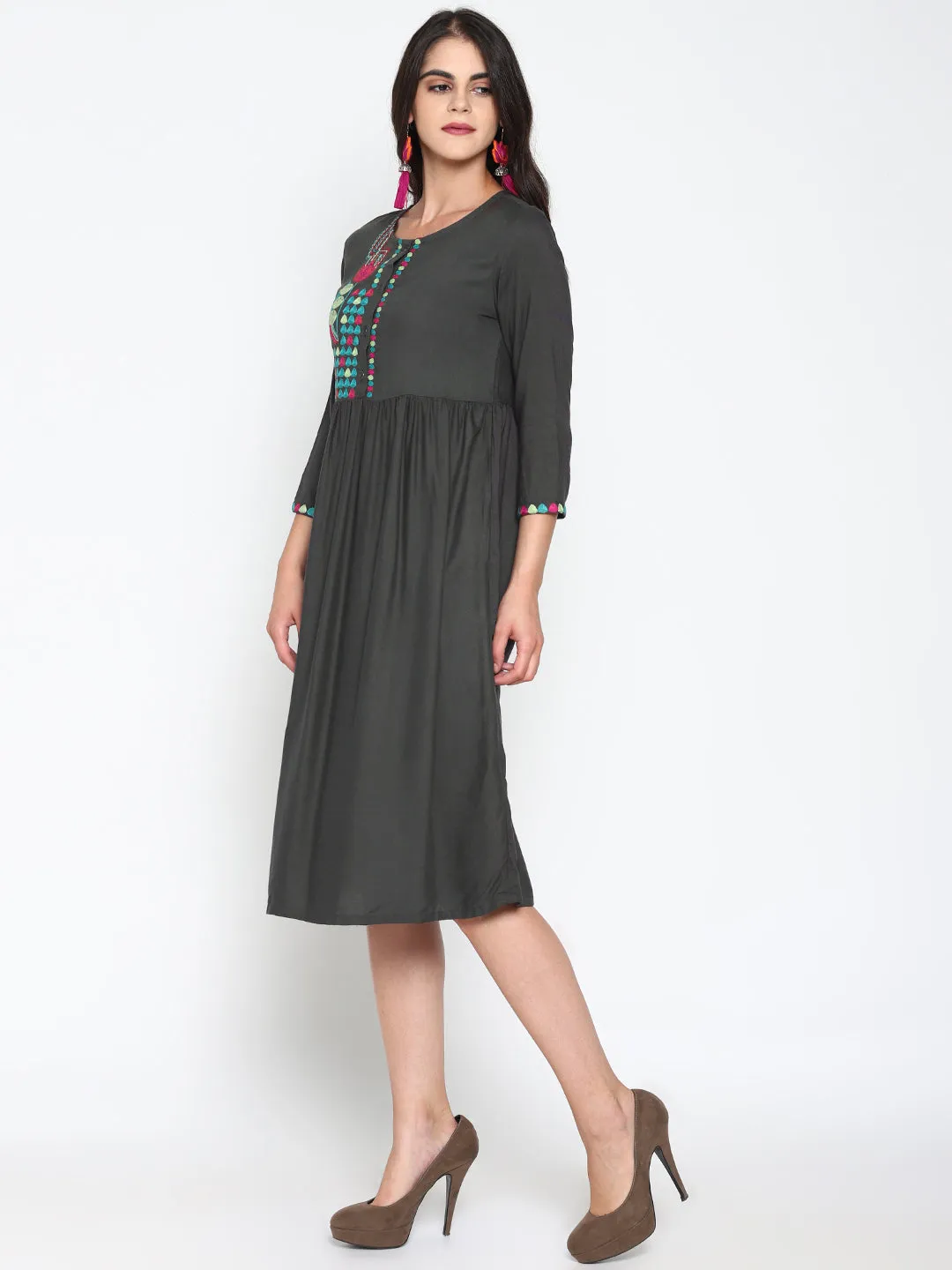 Grey Embroidered Front Open Dress