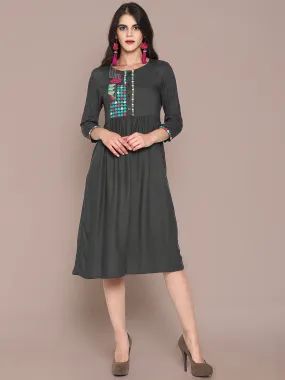 Grey Embroidered Front Open Dress