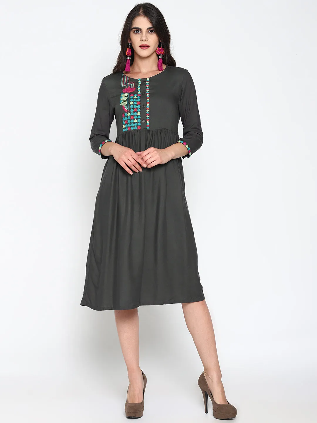 Grey Embroidered Front Open Dress