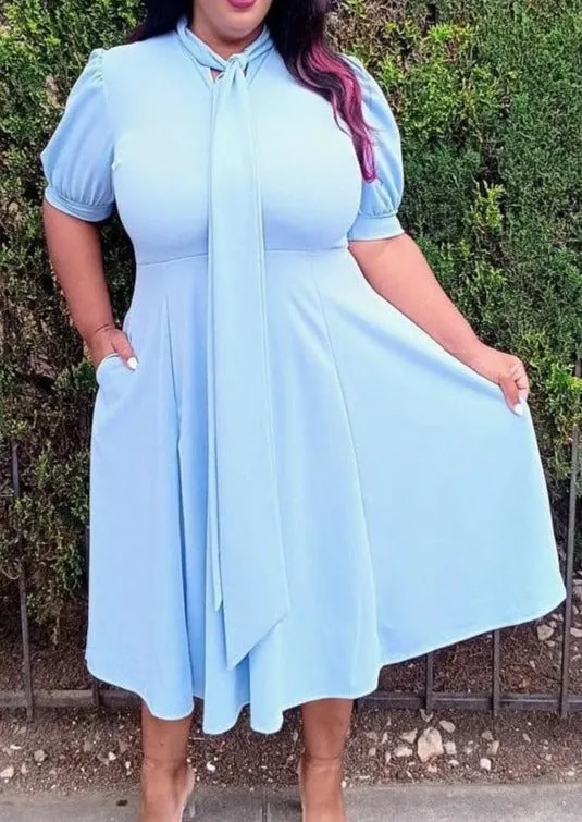 Hi Curvy Plus Size Women Bow Collar Fit & Flare Midi Dress