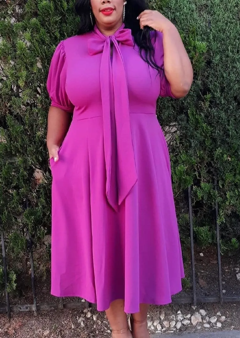 Hi Curvy Plus Size Women Bow Collar Fit & Flare Midi Dress